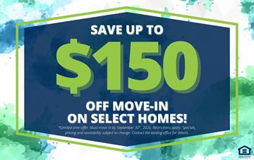 Oklahoma City apartment for rent - A promotional image offering up to $150 off move-in on select homes.