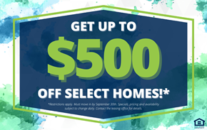 Stony Plain apartment for rent - A promotional image offering up to $500 off on select homes.