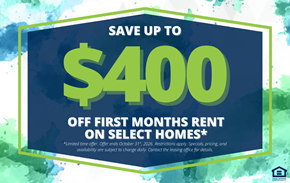 Williston apartment for rent - A promotional image offering up to $400 off the first month's rent on select homes.