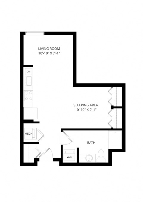 Floor plan for studio, 1 bath, 502 sqft