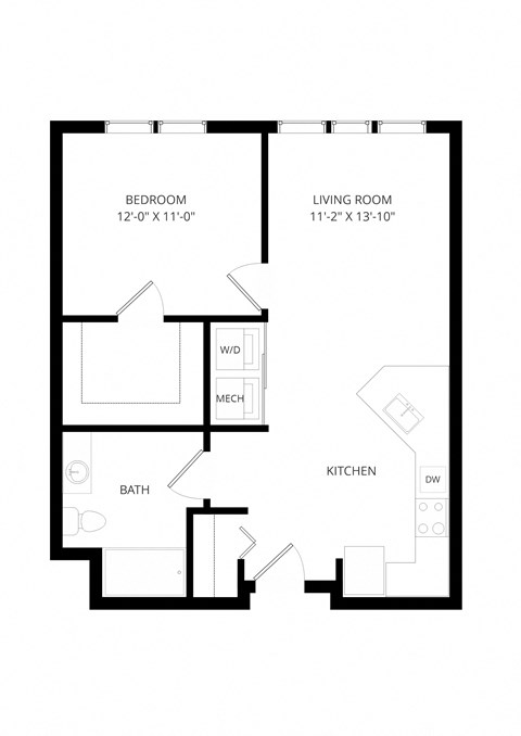 Floor plan for 1 bed, 1 bath, 678 sqft