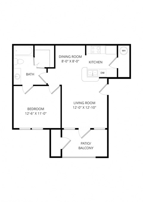 Floor plan for 1 bed, 1 bath, 613 sqft