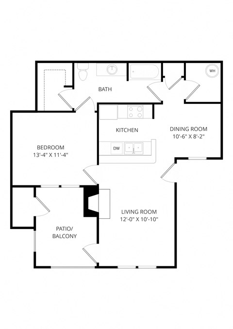 Floor plan for 1 bed, 1 bath, 762 sqft