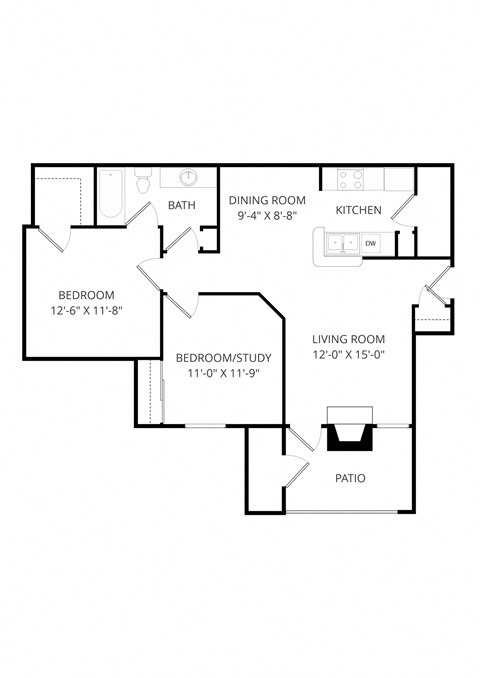 Floor plan for 2 beds, 1 bath, 872 sqft