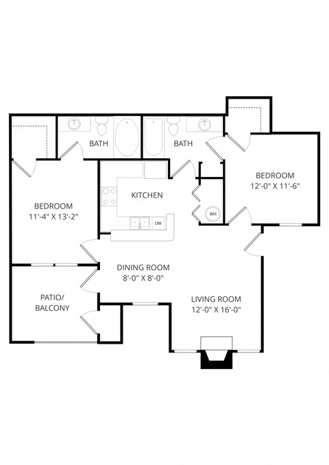 Floor plan for 2 beds, 2 baths, 961 sqft