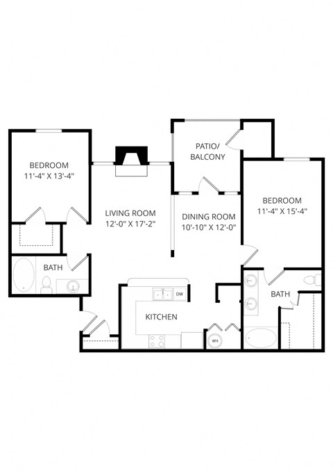 Floor plan for 2 beds, 2 baths, 1202 sqft
