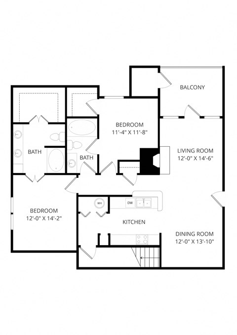 Floor plan for 2 beds, 2 baths, 1233 sqft