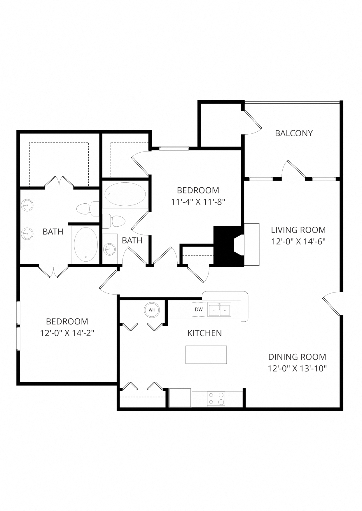 Floor plan for 2 beds, 2 baths, 1280 sqft