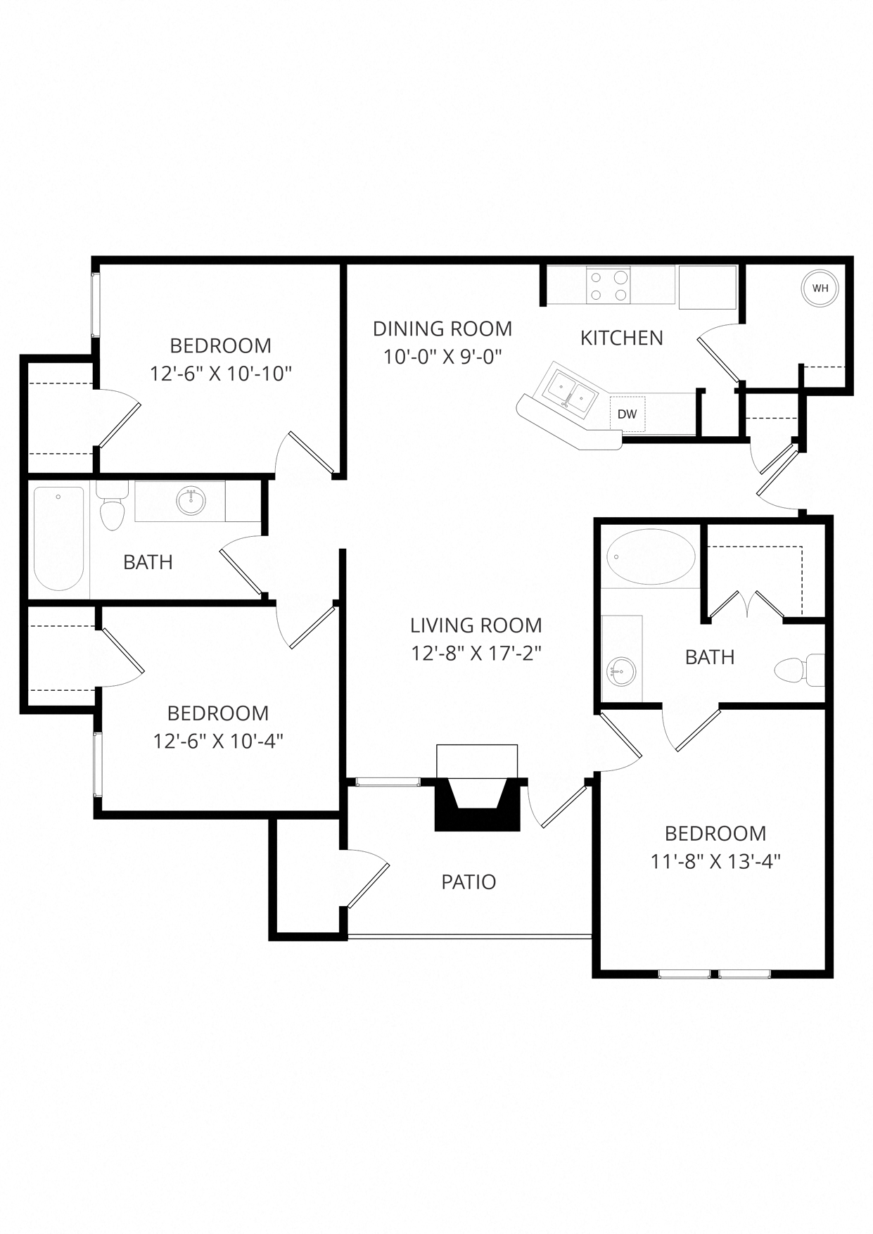 Floor plan for 3 beds, 2 baths, 1234 sqft