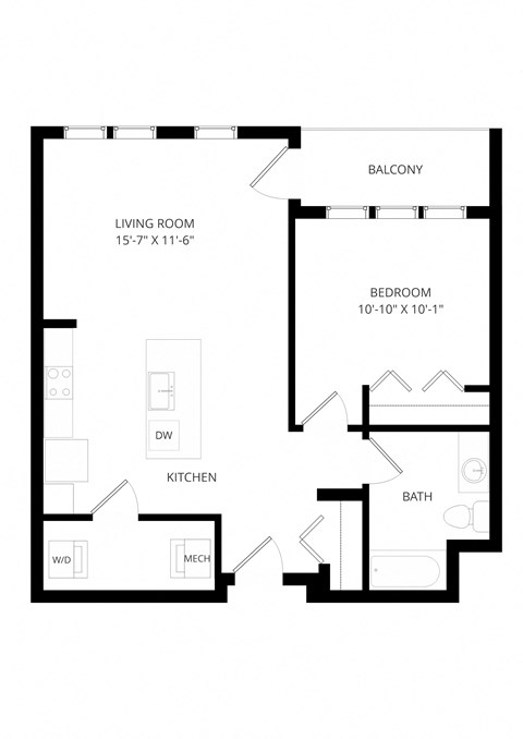 Floor plan for 1 bed, 1 bath, 735 sqft