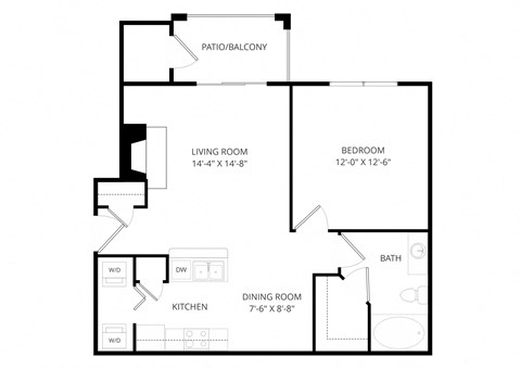 Floor plan for 1 bed, 1 bath, 692 sqft