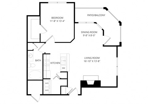 Floor plan for 1 bed, 1 bath, 779 sqft