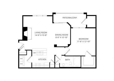 Floor plan for 1 bed, 1 bath, 793 sqft