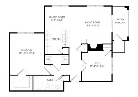 Floor plan for 1 bed, 1 bath, 912 sqft