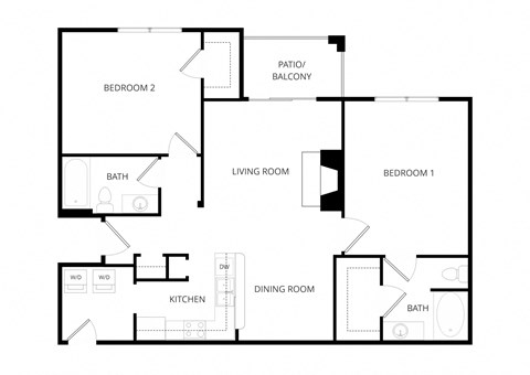 Floor plan for 2 beds, 2 baths, 1175 sqft