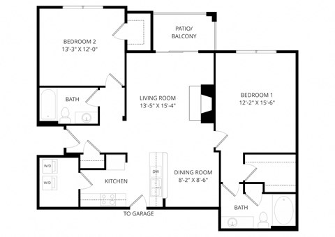 Floor plan for 2 beds, 2 baths, 1129 sqft
