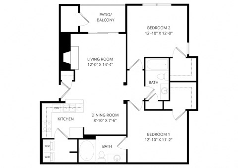 Floor plan for 2 beds, 2 baths, 954 sqft