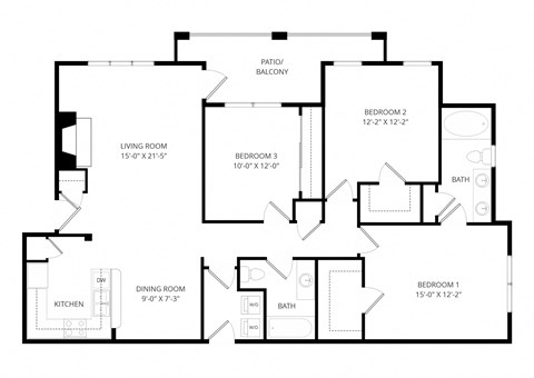 Floor plan for 3 beds, 2 baths, 1341 sqft