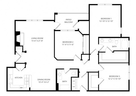 Floor plan for 3 beds, 2 baths, 1362 sqft