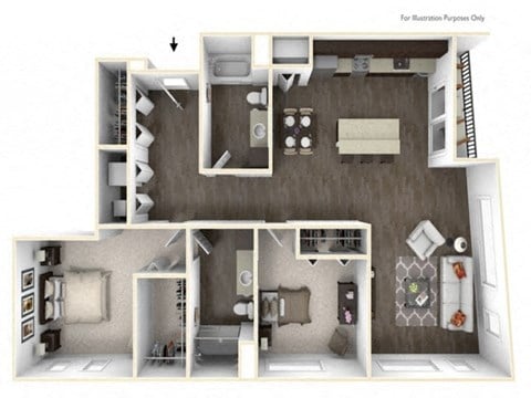 Floor plan for 2 beds, 2 baths, 1312 sqft