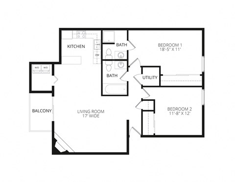 Floor plan for 2 beds, 2 baths, 1043 sqft