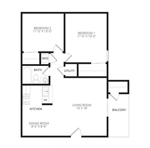 Floor plan for 2 beds, 1 bath, 840 sqft