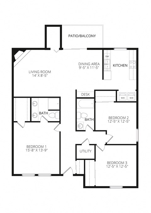 Floor plan for 3 beds, 2 baths, 1501 sqft