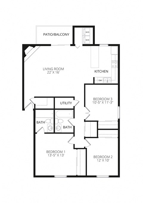 Floor plan for 3 beds, 2 baths, 1235 sqft