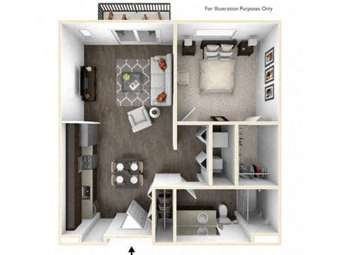 Floor plan for 1 bed, 1 bath, 709 sqft