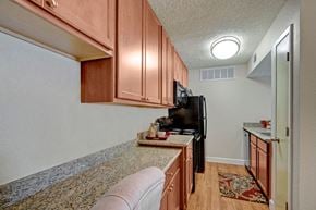 Odessa apartment for rent - A kitchen with a black refrigerator and wooden cabinets.