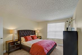 Odessa apartment for rent - A cozy bedroom at Acacia Park with soft carpet, neutral walls, a large window with blinds for natural light, and balanced bedside lighting that creates a calm, comfortable retreat.
