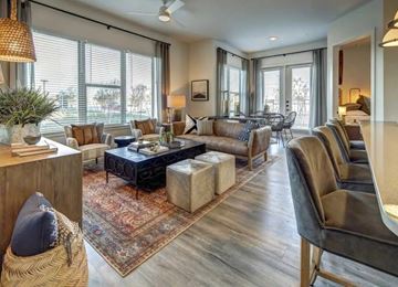 Cedar Park apartment for rent - A living room with a black sofa and a rug.