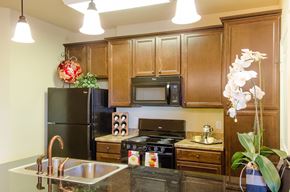 Odessa apartment for rent - A bright, well-appointed kitchen at Andalucia Villas featuring warm wood cabinetry, black appliances, pendant lighting, and a spacious countertop that offers a functional and inviting cooking space.