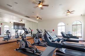 Odessa apartment for rent - A spacious fitness center here at Andalucia Villas with modern cardio equipment including treadmills and ellipticals, free weights along a mirrored wall, and large arched windows that bring in natural light, creating a bright and motivating workout environment.