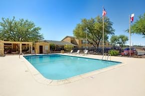 Midland apartment for rent - A refreshing outdoor swimming pool here at Avalon Springs with clear blue water, surrounding lounge chairs, and shaded pergola seating, enclosed by secure fencing and mature trees that create a relaxed, community-focused atmosphere.