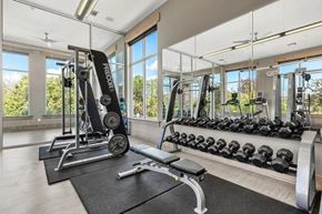 Austin apartment for rent - A bright fitness center here at Canyon Vistas with free weights, strength machines, workout benches, mirrored walls, and large windows bringing in natural light.