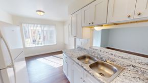 Odessa apartment for rent - A kitchen with a marble countertop and a double sink.