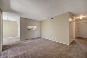Odessa apartment for rent - A spacious, empty living room here at Fairgreen with plush beige carpet, soft neutral walls, and an open layout, featuring a pass-through window into the kitchen and a nearby entry hallway that adds to the room’s functional, inviting feel.