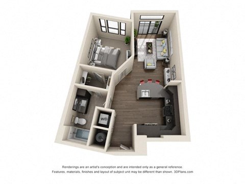 Floor plan for 1 bed, 1 bath, 714 sqft