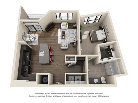 Floor plan for 1 bed, 1 bath, 951 sqft