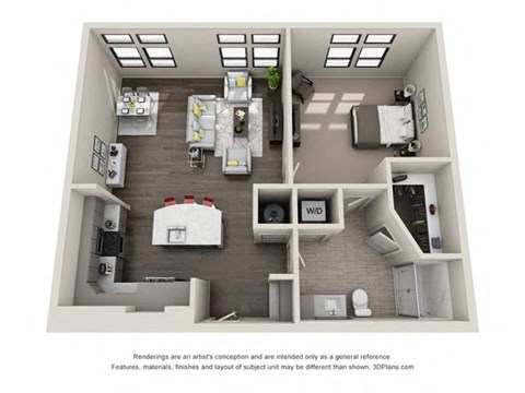 Floor plan for 1 bed, 1 bath, 925 sqft