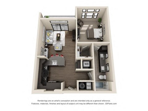 Floor plan for 1 bed, 1 bath, 740 sqft