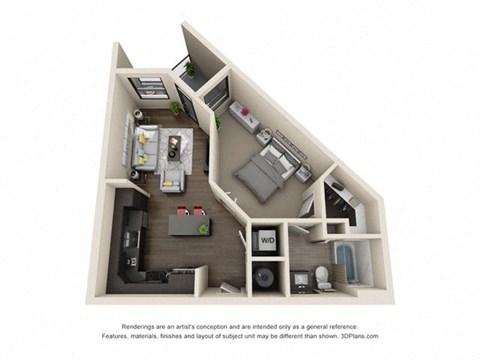 Floor plan for 1 bed, 1 bath, 624 sqft