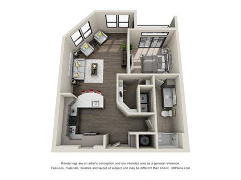 Floor plan for 1 bed, 1 bath, 854 sqft