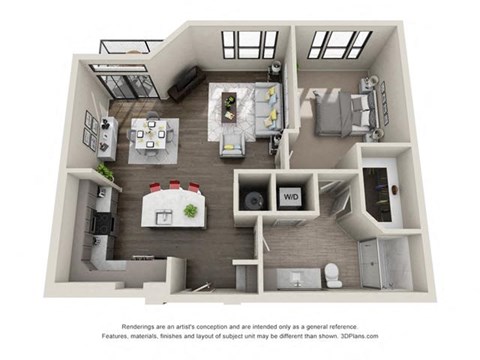 Floor plan for 1 bed, 1 bath, 906 sqft