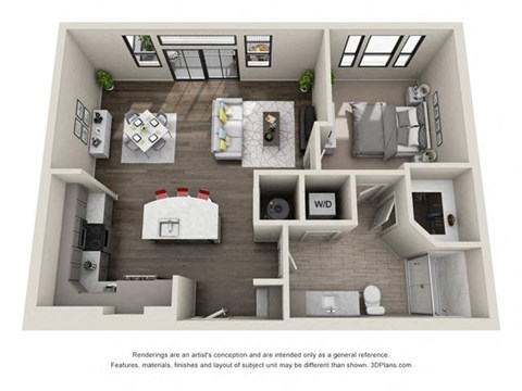 Floor plan for 1 bed, 1 bath, 841 sqft