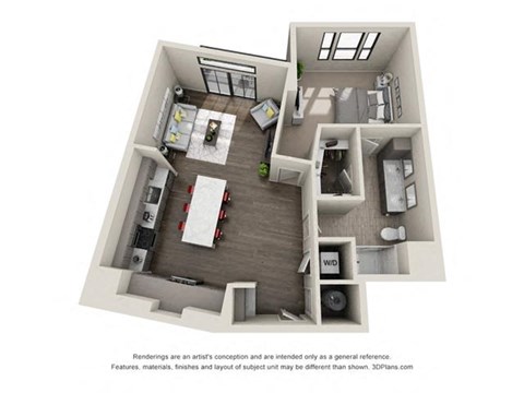 Floor plan for 1 bed, 1 bath, 957 sqft