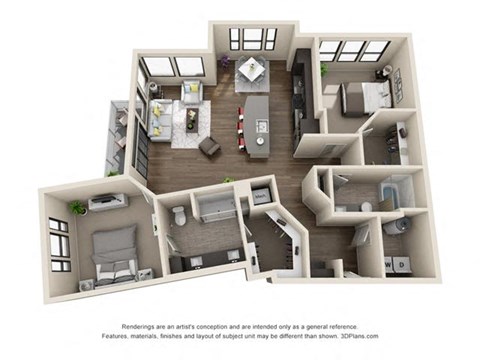 Floor plan for 2 beds, 2 baths, 1367 sqft