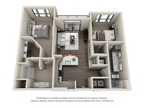 Floor plan for 2 beds, 2 baths, 1086 sqft