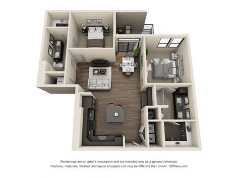 Floor plan for 2 beds, 2 baths, 1134 sqft